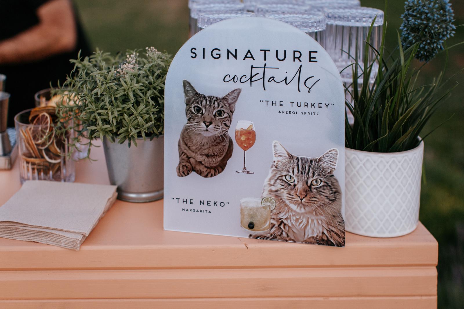 Menu di cocktail personalizzati con illustrazioni di gatti, proposto da JoeBar per un evento elegante e originale.
